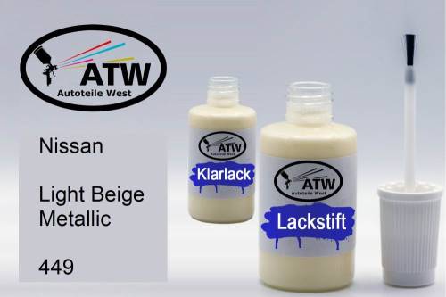 Nissan, Light Beige Metallic, 449: 20ml Lackstift + 20ml Klarlack - Set, von ATW Autoteile West.